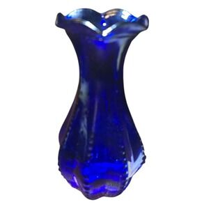 Vtg Indiana Glass Cobalt Blue Bud Vase Ribbed Ruffled Edge Glass  Made In USA